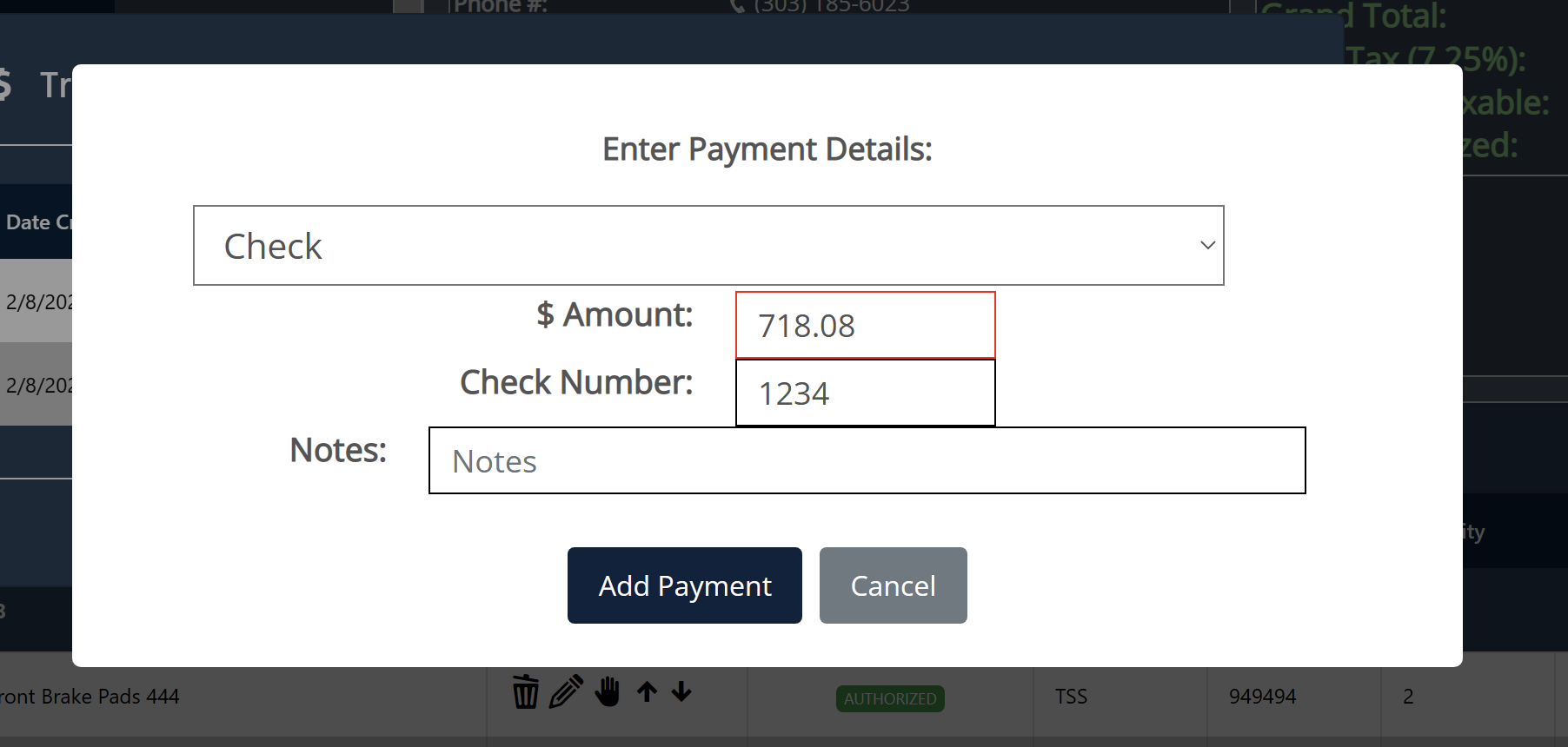 Auto repair payment software accept check payments