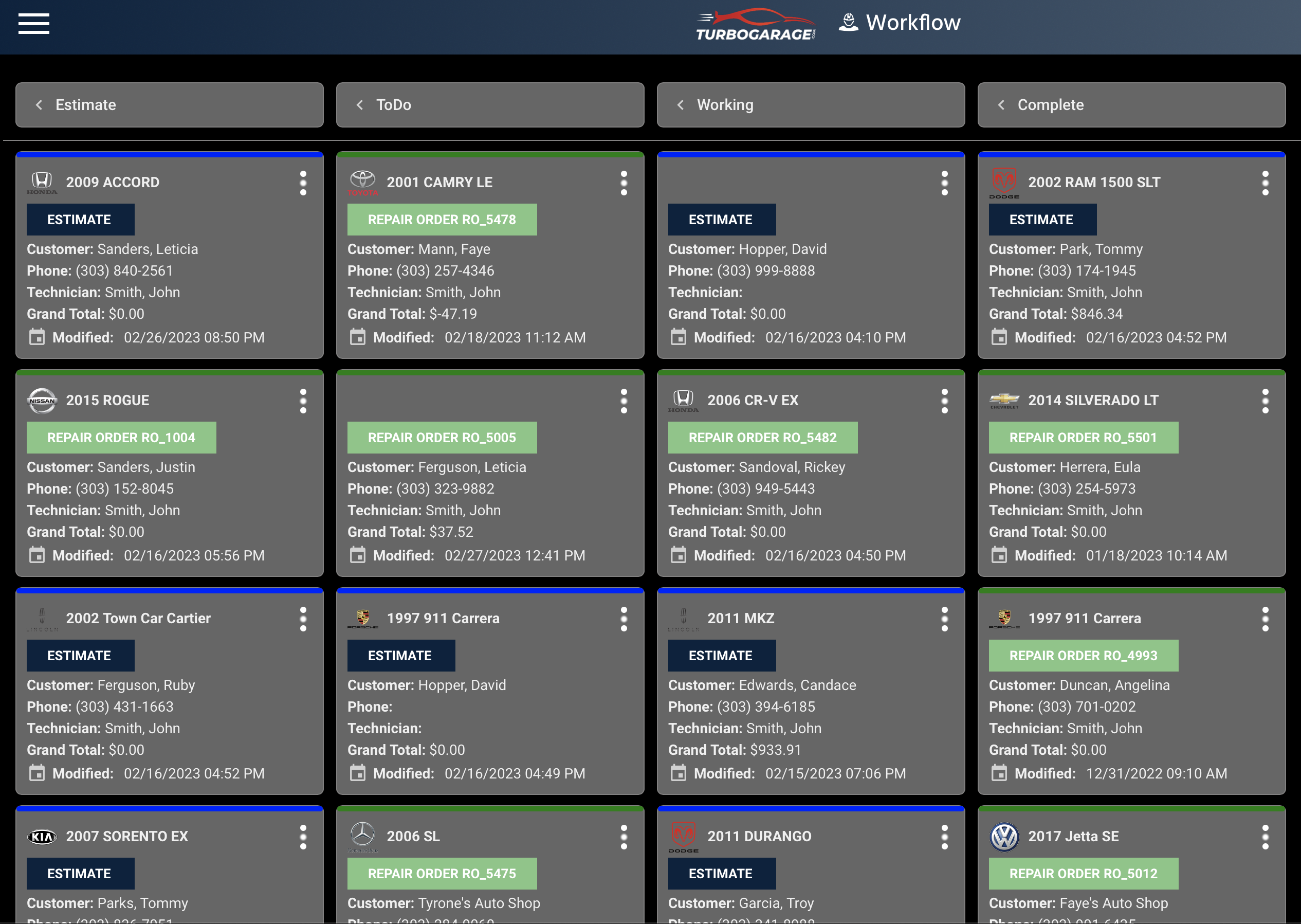 Using TurboGarage’s Auto Repair Workflow Software component, shop owners are able to organize their tickets in a visual fashion using our dynamic Kanban style board
