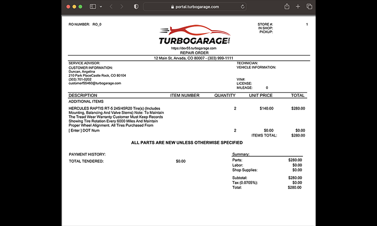 Once a Ticket is completed, it is moved to the 'Invoice' stage.  At this time, customers are able to pay in person, or online using the TurboGarage online payments feature.  A clear invoice can also be downloaded, printed, and/or sent to the customer for review.  At tax time, our reports feature also allows reports to help with year-end deadlines.
