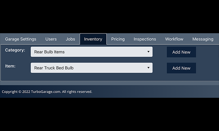 TurboGarage features a full-blown/customizable inventory management system.  Add/remove/delete inventory items and their quantities at your discretion.  When you add an inventory item to a ticket, the quantity is automatically adjusted up or down based on the ticket activity.