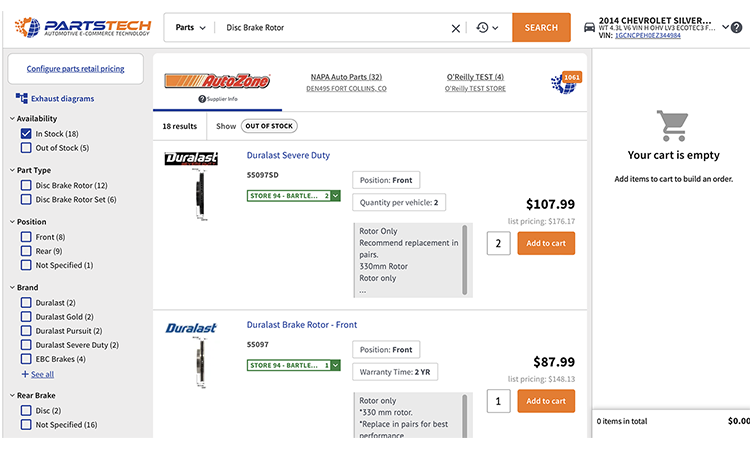 TurboGarage has partnered with PartsTech© - the industry-leading solution for online parts ordering.  PartsTech© puts all of your wholesale parts suppliers in one look-up. Search once and see your wholesale pricing and live local inventory from all of your parts suppliers. TurboGarage automatically imports parts from PartsTech directly into your Ticket.  We also help manage orders via our parts ordering interface.