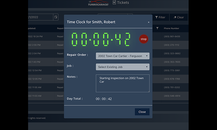 Each technician user in TurboGarage can access their own personal time clock.  Every time a clock is started or stopped, a record is saved in the TurboGarage database.  Using the TurboGarage reporting feature, managers are able to run clear and concise reports for a given technician or for the whole shop that will show time entries for a given date range with roll-up data included.